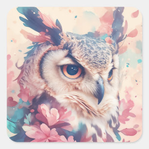 Fantasie-Eule mit orangen Augen und rosa Blumenstr Quadratischer Aufkleber