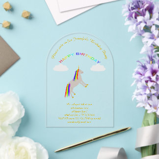 Fantasie Geburtstag Einhorn Regenbogen und Wolken  Acryleinladungen