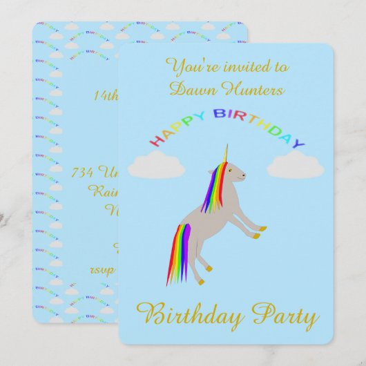 Fantasie Geburtstag Einhorn Regenbogen und Wolken Einladung (Vorne/Hinten)