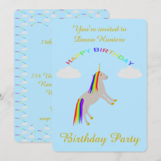 Fantasie Geburtstag Einhorn Regenbogen und Wolken  Einladung