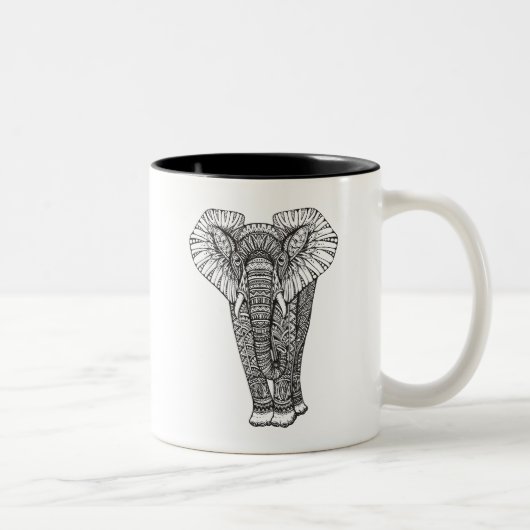 Fantasie-gemustertes Elefant-Gekritzel Zweifarbige Tasse (Rechts)