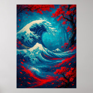 Fantasie Große Welle mit Kirschblüten Poster