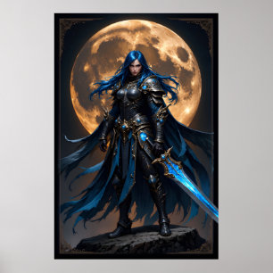 Fantasie-Kriegerin mit blauem Haar und einem Leuch Poster