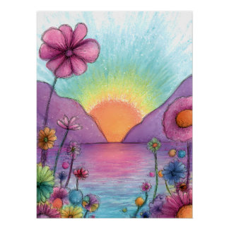 Fantasie Landschaft mit Blumen - Pastell Stil Poster