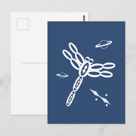 Fantasie Libelle und Außerhalb-Riss, blau, weiß Postkarte (Vorne/Hinten)
