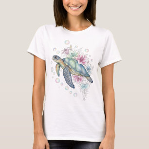 Fantasie-Meereschildkröte mit Blumen und Perlglanz T-Shirt