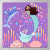 Fantasie Meerjungfrau lila rosa blau Delfin Ozean  Poster (Vorne)