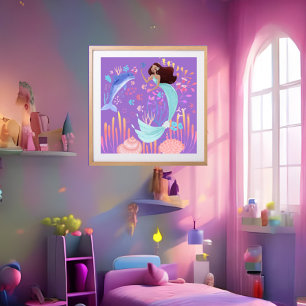 Fantasie Meerjungfrau lila rosa blau Delfin Ozean Poster