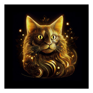 Fantasie Neon Gold Katze Poster