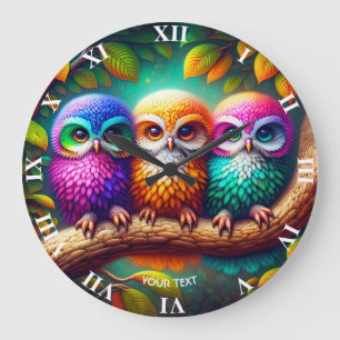 Fantasie Niedlich Drei pulsierende Owls Große Wanduhr