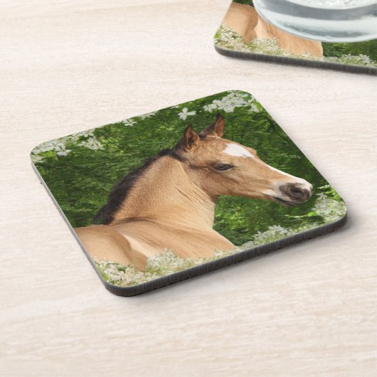 Fantasie-Pferde: Blumen Getränkeuntersetzer (Linke Seite)