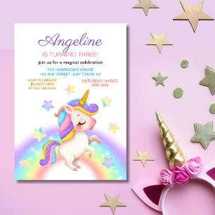 Fantasie Regenbogen Sterne Einhorn Mädchen Geburts Einladung