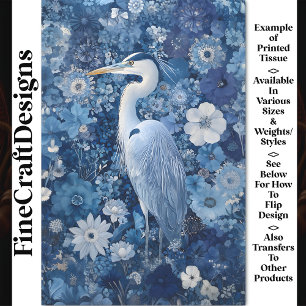 Fantasie Reiher Vogel Mit Blauen Blumen BV4 Decoup Seidenpapier