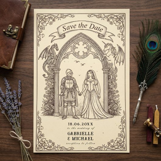 Fantasie-Ritter-Drache-Gotische Hochzeit Save The Date