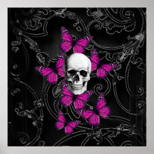 Fantasie-Schädel und heiße rosa Schmetterlinge Poster