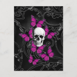 Fantasie-Schädel und heiße rosa Schmetterlinge Postkarte