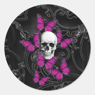 Fantasie-Schädel und heiße rosa Schmetterlinge Runder Aufkleber