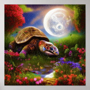 Fantasie-Schildkröte und Mond Poster