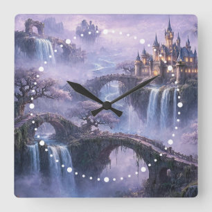 Fantasie-Schloss Surreal Landschaft Lavendelblau Quadratische Wanduhr