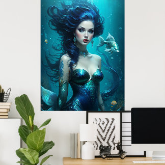 Fantasie Schöne Meerjungfrau Prinzessin Blau Unter Poster
