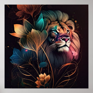 Fantasie, schöner Löwe mit Blume KI-Kunst Poster