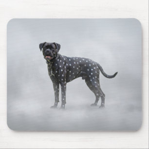 Fantasie-Schwarzer-Boxer-Hund mit silbernen Tupfen Mousepad