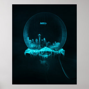 Fantasie-Stadt in einem Snowglobe mit einer Poster