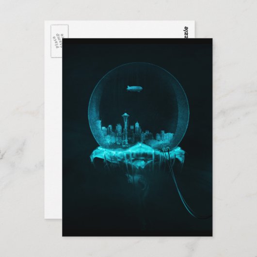 Fantasie-Stadt in einem Snowglobe mit einer Postkarte (Vorne/Hinten)