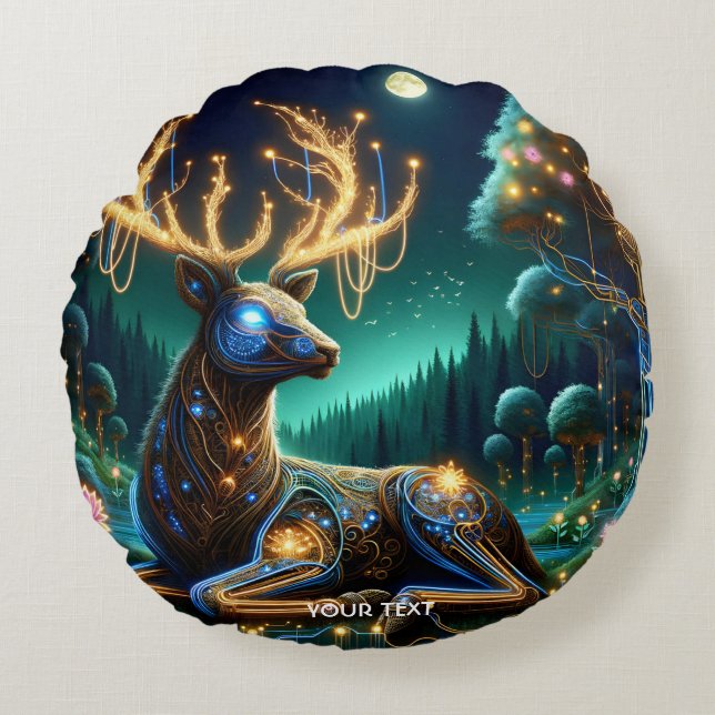 Fantasie Süßer Cyber-Hirsch Wald Rundes Kissen (Vorderseite)