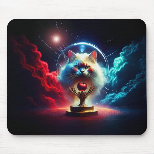 Fantasie Szene: Katze in einer Kugel mit Apfel Mousepad (Vorne)