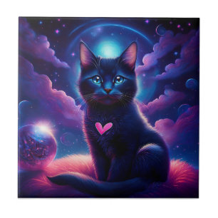 Fantasie-Szene schwarzes Kätzchen schöne blaue Aug Fliese