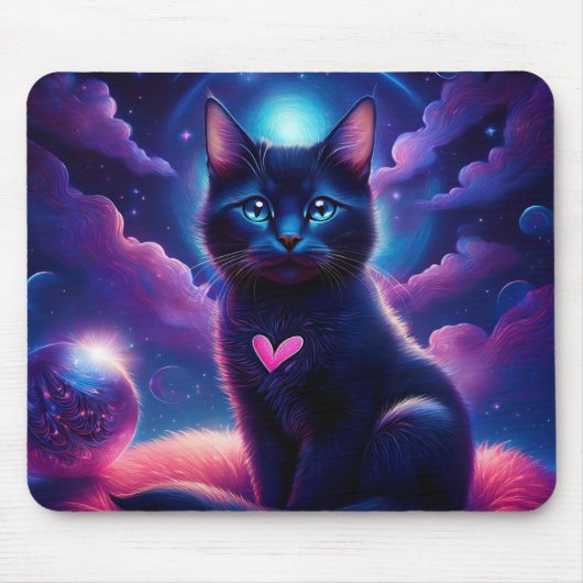 Fantasie-Szene schwarzes Kätzchen schöne blaue Aug Mousepad (Vorne)