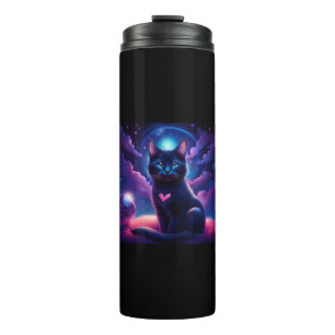 Fantasie-Szene schwarzes Kätzchen schöne blaue Aug Thermosbecher