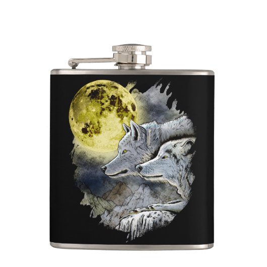 Fantasie-Wolf-Mond-Berg Flachmann (Vorderseite)