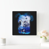 Fantasie-Wolf-Mond-Berg Quadratische Wanduhr (Zuhause)