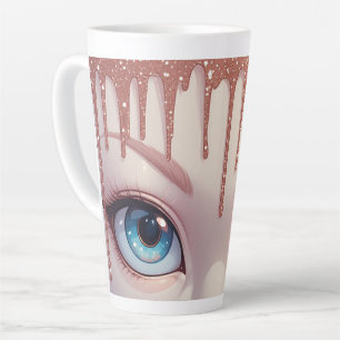 Fantasieblaue Augen mit Tröpfchen Milchtasse