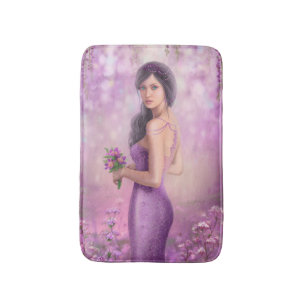Fantasiefrau mit violetten Blumen Bath Mat Badematte
