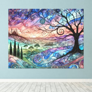 Fantasielandschaft mit Baum und farbenfrohem Sonne Leinwanddruck