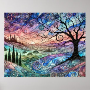 Fantasielandschaft mit Baum und farbenfrohem Sonne Poster