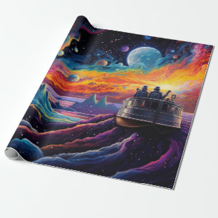 Fantasielandschaft mit Schiff und Planeten Geschenkpapier