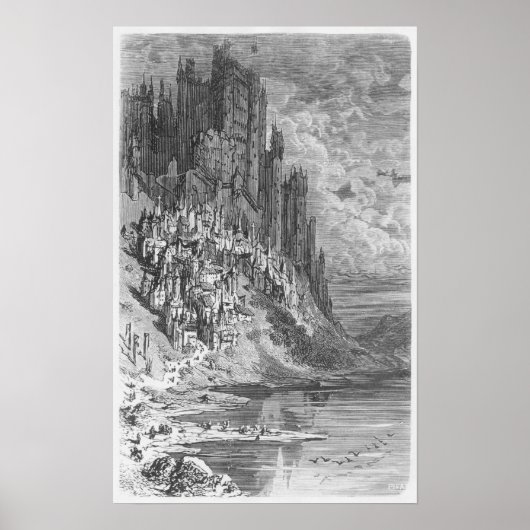 Fantasielandschaft mit Stadt und Schloss Poster (Vorne)