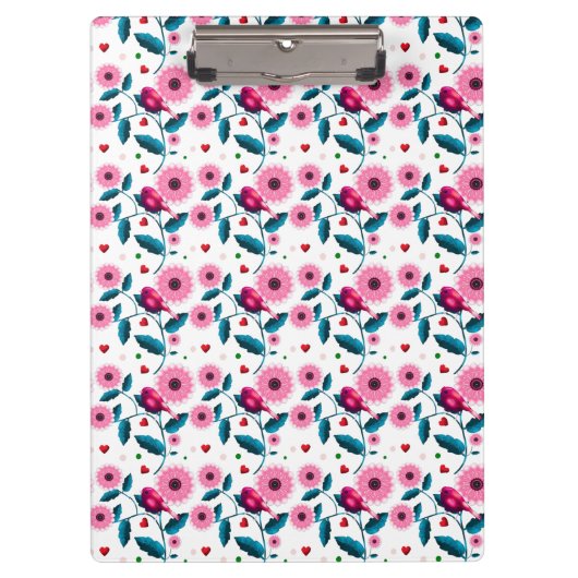 Fantasiereiche rosa Vogel-Blumen-Botanik-Design-Wu Klemmbrett (Vorderseite)