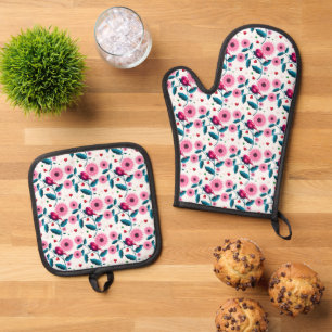 Fantasiereiche rosa Vogel-Blumen-Botanik-Design-Wu Ofenhandschuh & Topflappen-Set