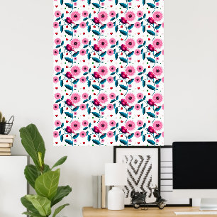 Fantasiereiche rosa Vogel-Blumen-Botanik-Design-Wu Poster