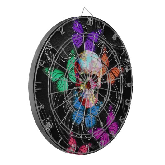 Fantasieschädel und farbige Schmetterlinge Dartscheibe (Vorderseite Links)