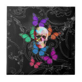 Fantasieschädel und farbige Schmetterlinge Fliese (Vorderseite)