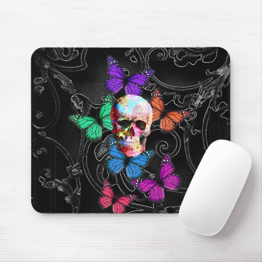 Fantasieschädel und farbige Schmetterlinge Mousepad (Mit Mouse)