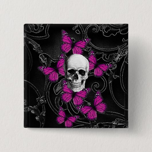 Fantasieschädel- und -Pinkschmetterlinge Button (Vorderseite)