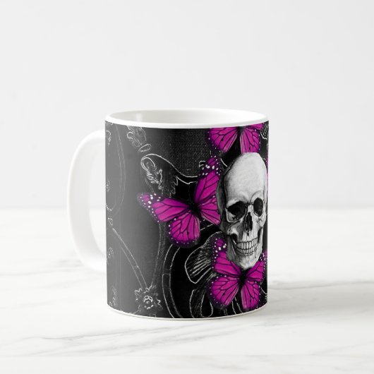 Fantasieschädel- und -Pinkschmetterlinge Kaffeetasse (Vorderseite Links)