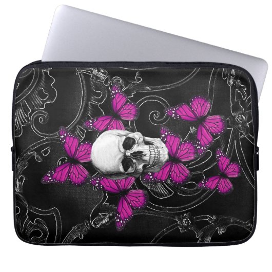 Fantasieschädel- und -Pinkschmetterlinge Laptopschutzhülle (Vorderseite)